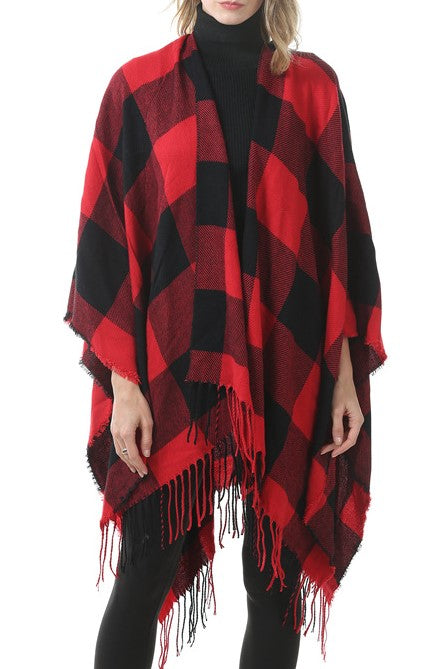 Tartan Plaid Fringed Ruana Poncho - view 4