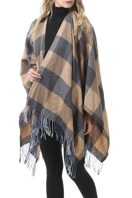 Tartan Plaid Fringed Ruana Poncho - view 6