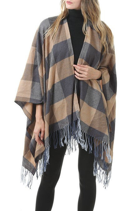 Tartan Plaid Fringed Ruana Poncho - view 7