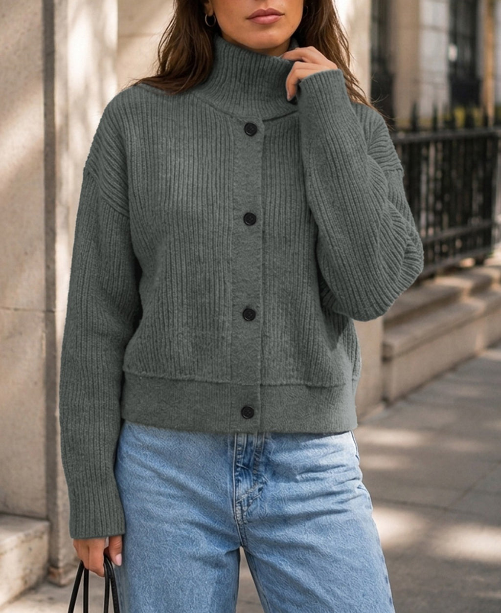 Ribbed Funnel Neck Button Front Cardigan Sweater - Grey