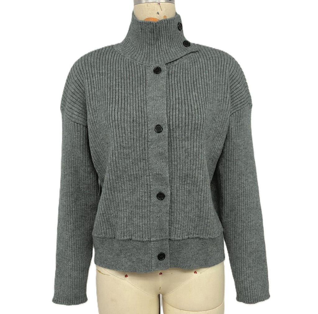 Ribbed Funnel Neck Button Front Cardigan Sweater - Grey - 1