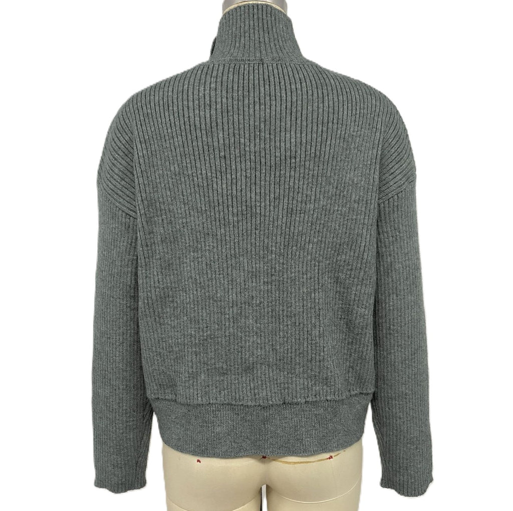 Ribbed Funnel Neck Button Front Cardigan Sweater - Grey - 2