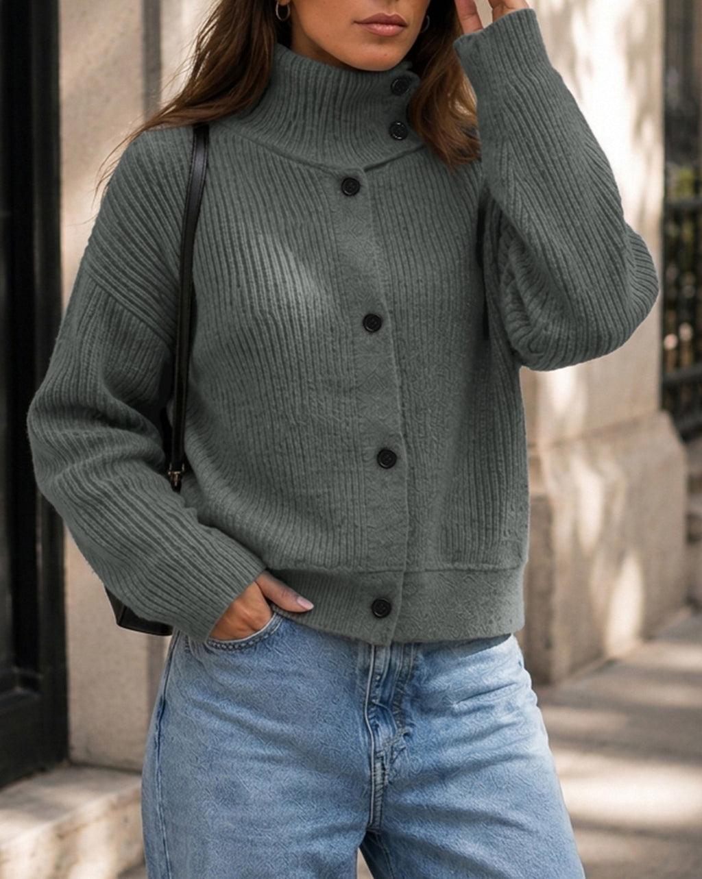 Ribbed Funnel Neck Button Front Cardigan Sweater - Grey - 3