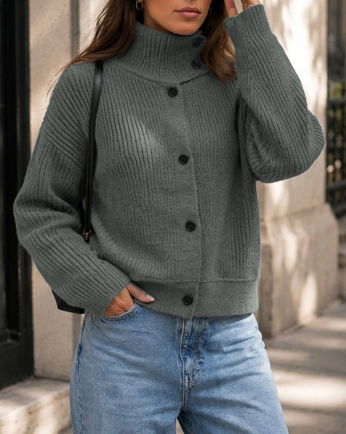 Ribbed Funnel Neck Button Front Cardigan Sweater - Grey - 3