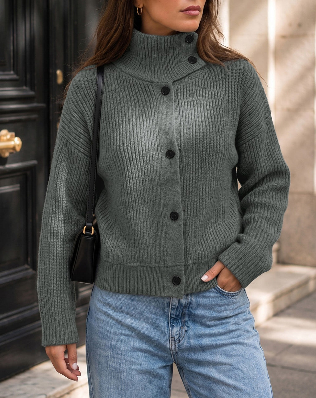 Ribbed Funnel Neck Button Front Cardigan Sweater - Grey - 4