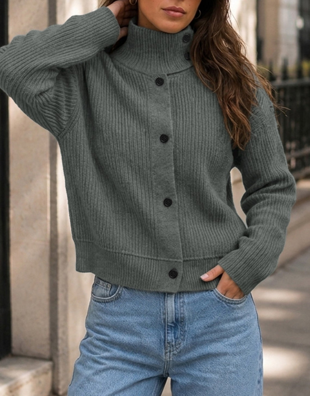 Ribbed Funnel Neck Button Front Cardigan Sweater - Grey - 5