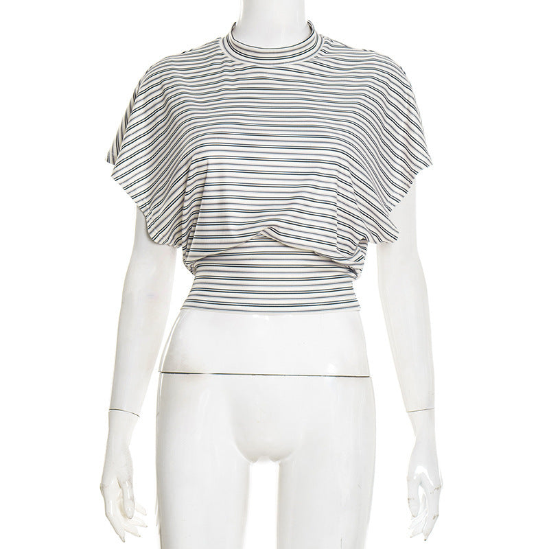 Cropped Rib Knit Tee With Draped Overlay - Black