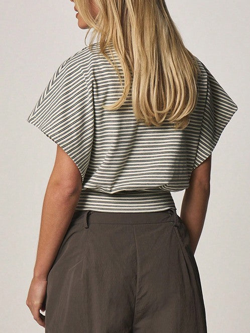 Cropped Rib Knit Tee With Draped Overlay - view 3