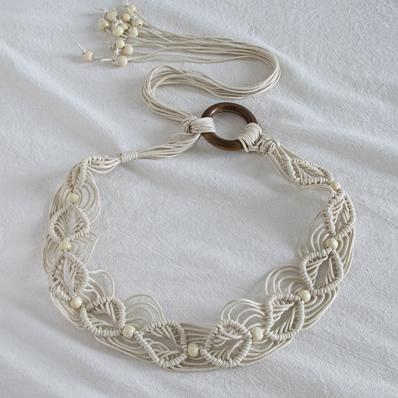 Macrame Woven Wooden Bead Waist Chain - Beige