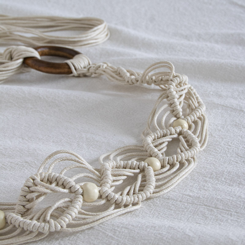 Macrame Woven Wooden Bead Waist Chain - Beige - 1