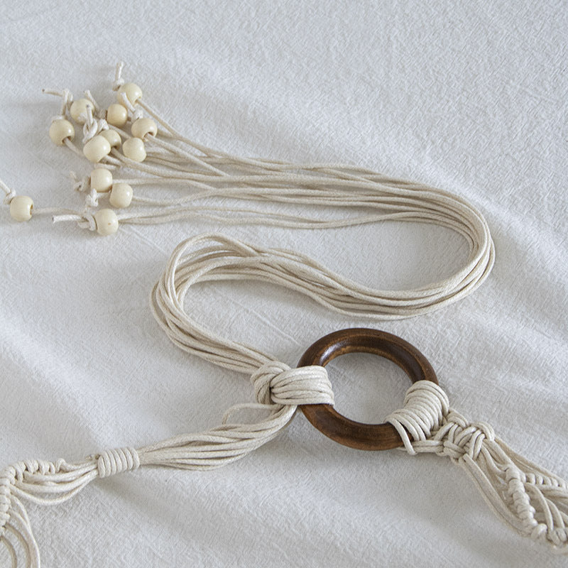 Macrame Woven Wooden Bead Waist Chain - Beige - 2