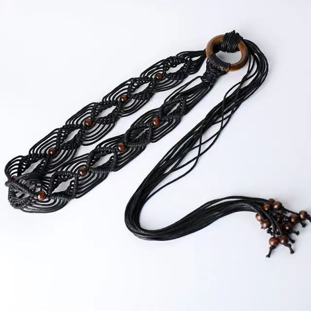 Macrame Woven Wooden Bead Waist Chain - Black
