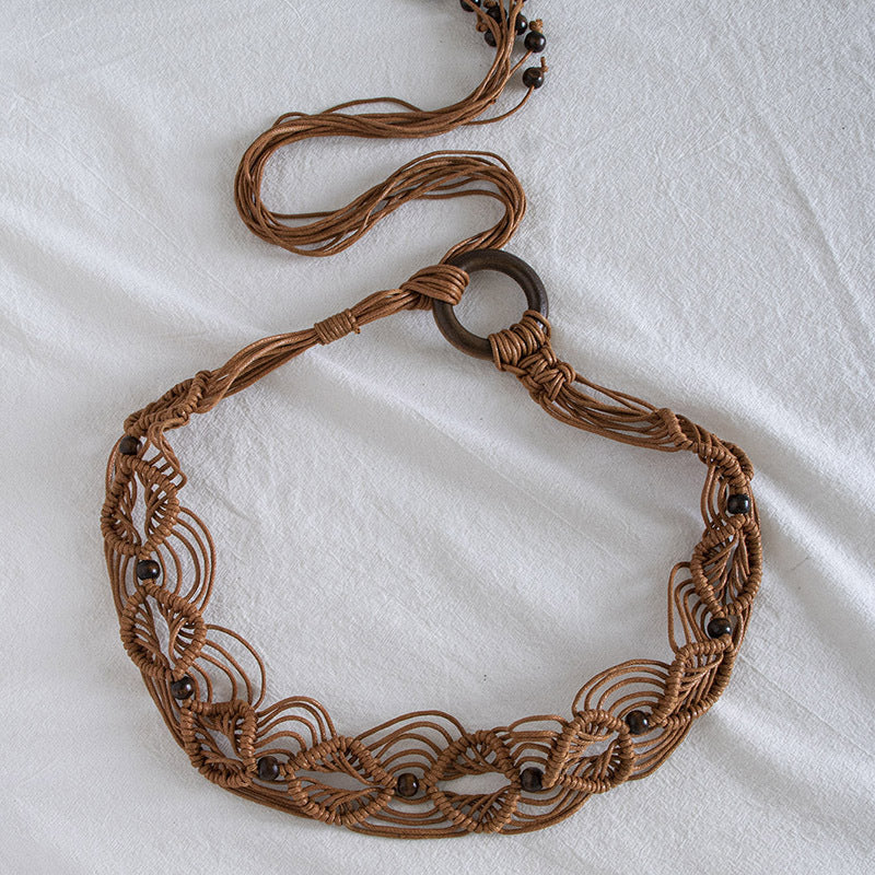 Macrame Woven Wooden Bead Waist Chain - Brown