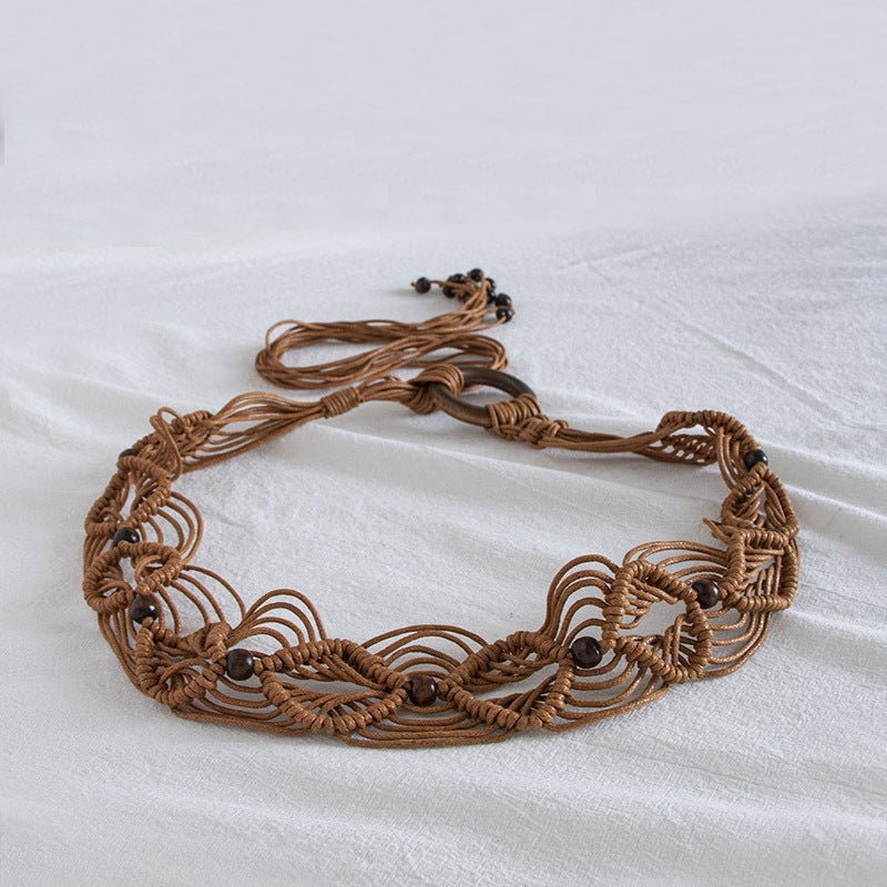 Macrame Woven Wooden Bead Waist Chain - Brown - 1