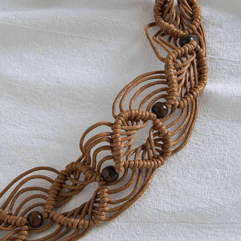 Macrame Woven Wooden Bead Waist Chain - Brown - 2