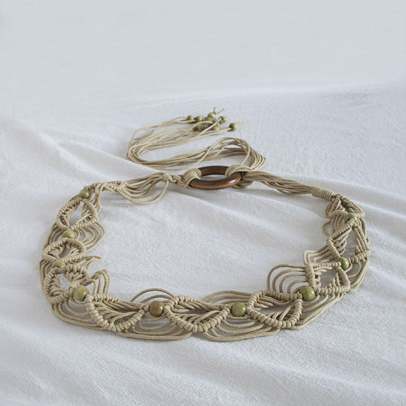 Macrame Woven Wooden Bead Waist Chain - Khaki
