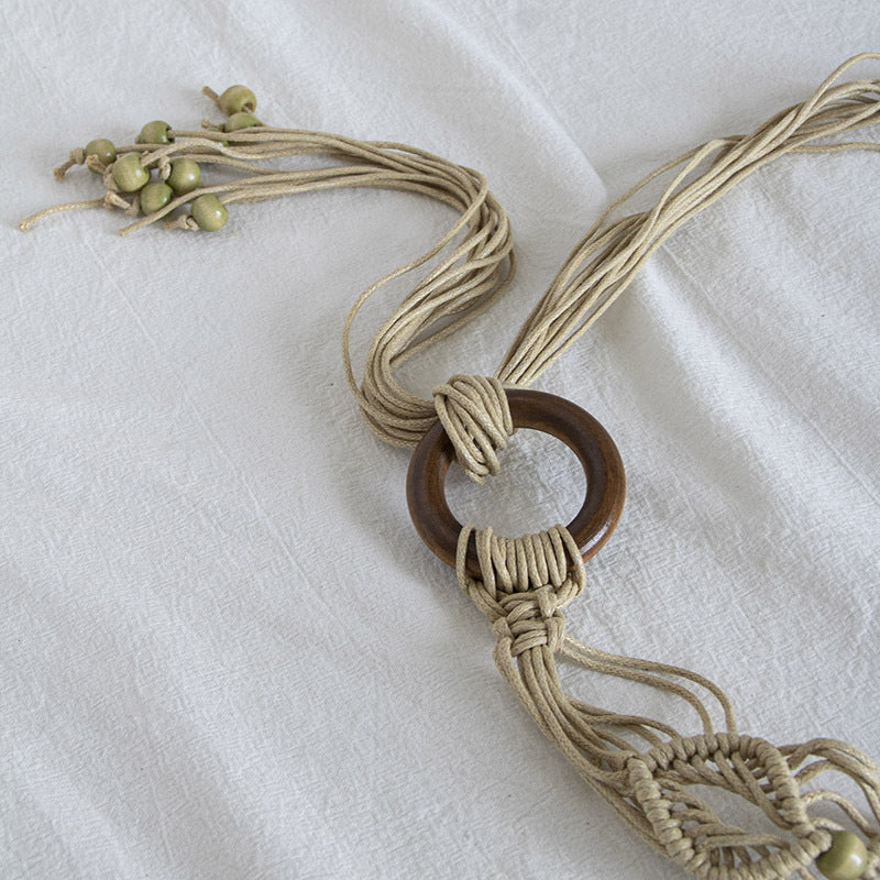 Macrame Woven Wooden Bead Waist Chain - Khaki - 1