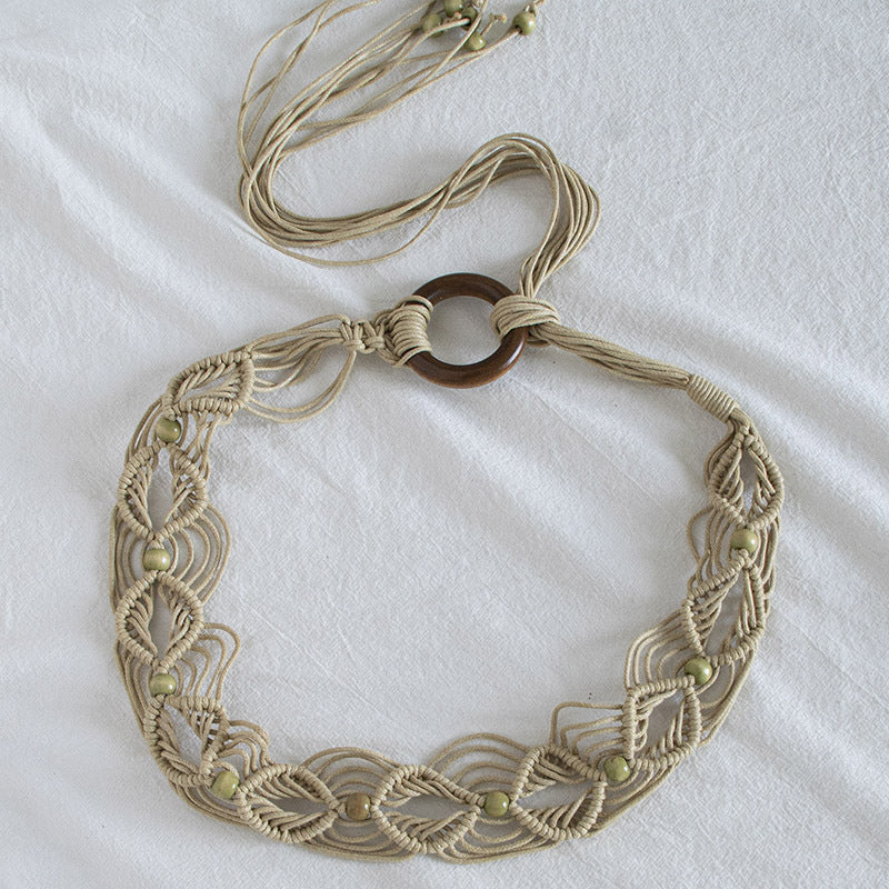 Macrame Woven Wooden Bead Waist Chain - Khaki - 2