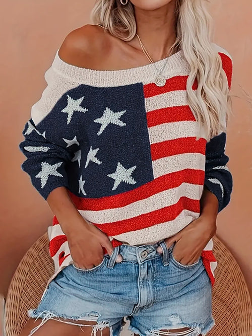 Americana Star Stripe Boat Neck Knit Sweater - Navy