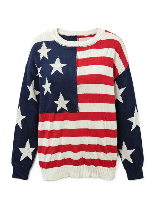 Americana Star Stripe Boat Neck Knit Sweater - Navy - 1