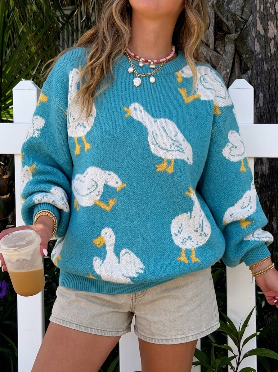 Allover Goose Jacquard Crewneck Sweater - Blue