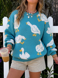 Allover Goose Jacquard Crewneck Sweater - Blue