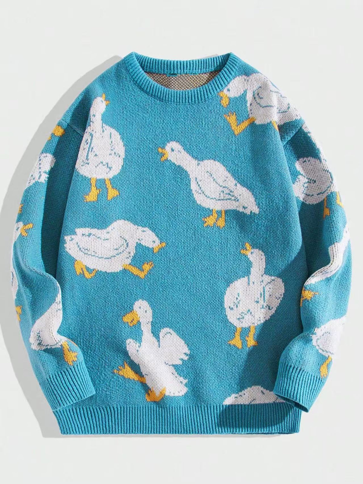 Allover Goose Jacquard Crewneck Sweater - Blue - 1