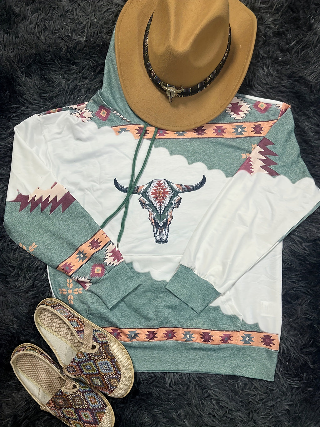 Southwestern Print Colorblock Pullover Hoodie - Cowboy
