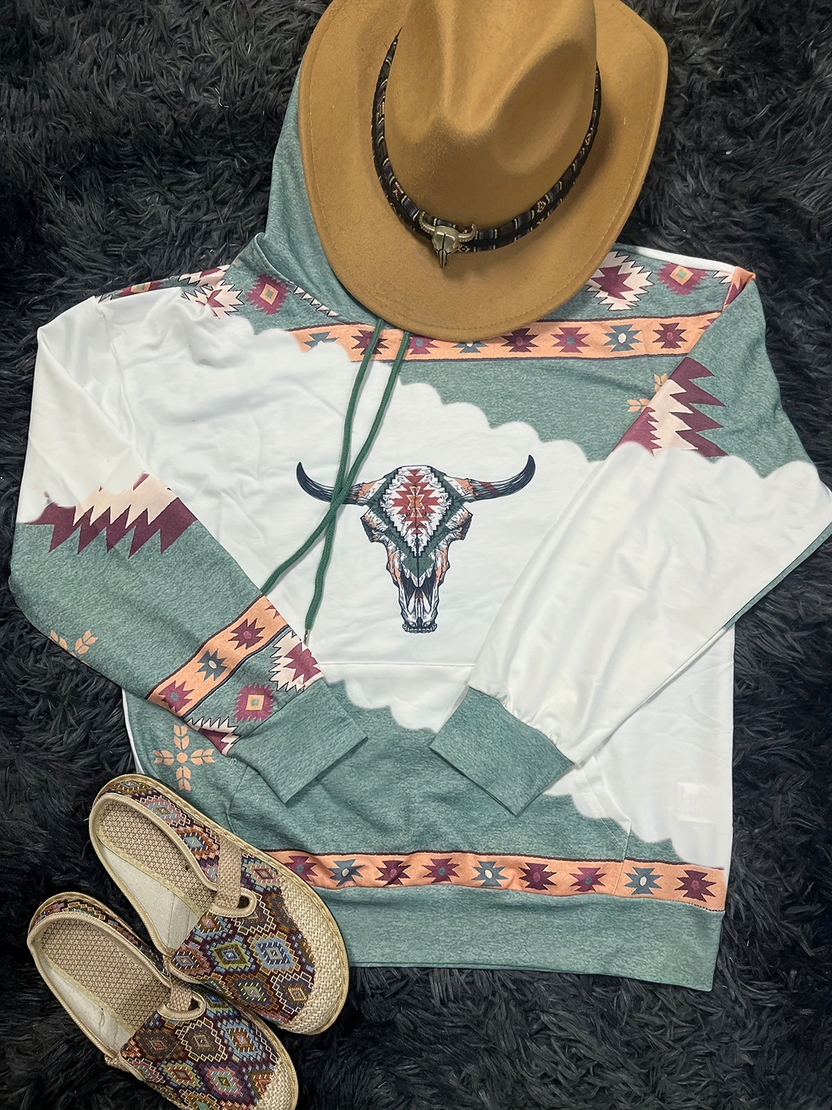 Southwestern Print Colorblock Pullover Hoodie - Cowboy