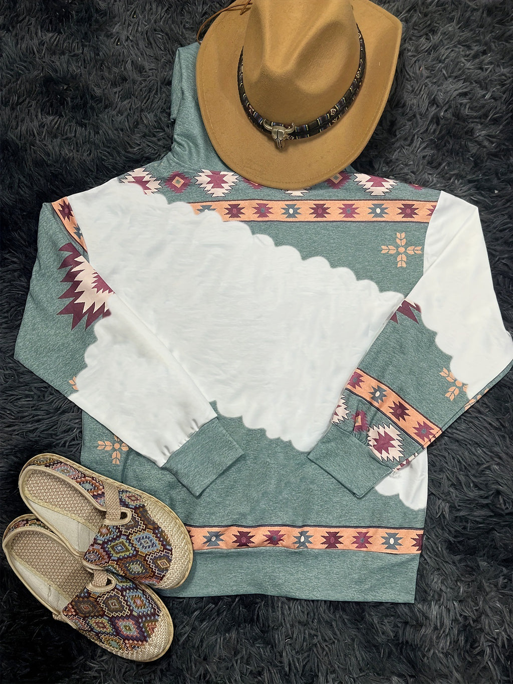 Southwestern Print Colorblock Pullover Hoodie - Cowboy - 1