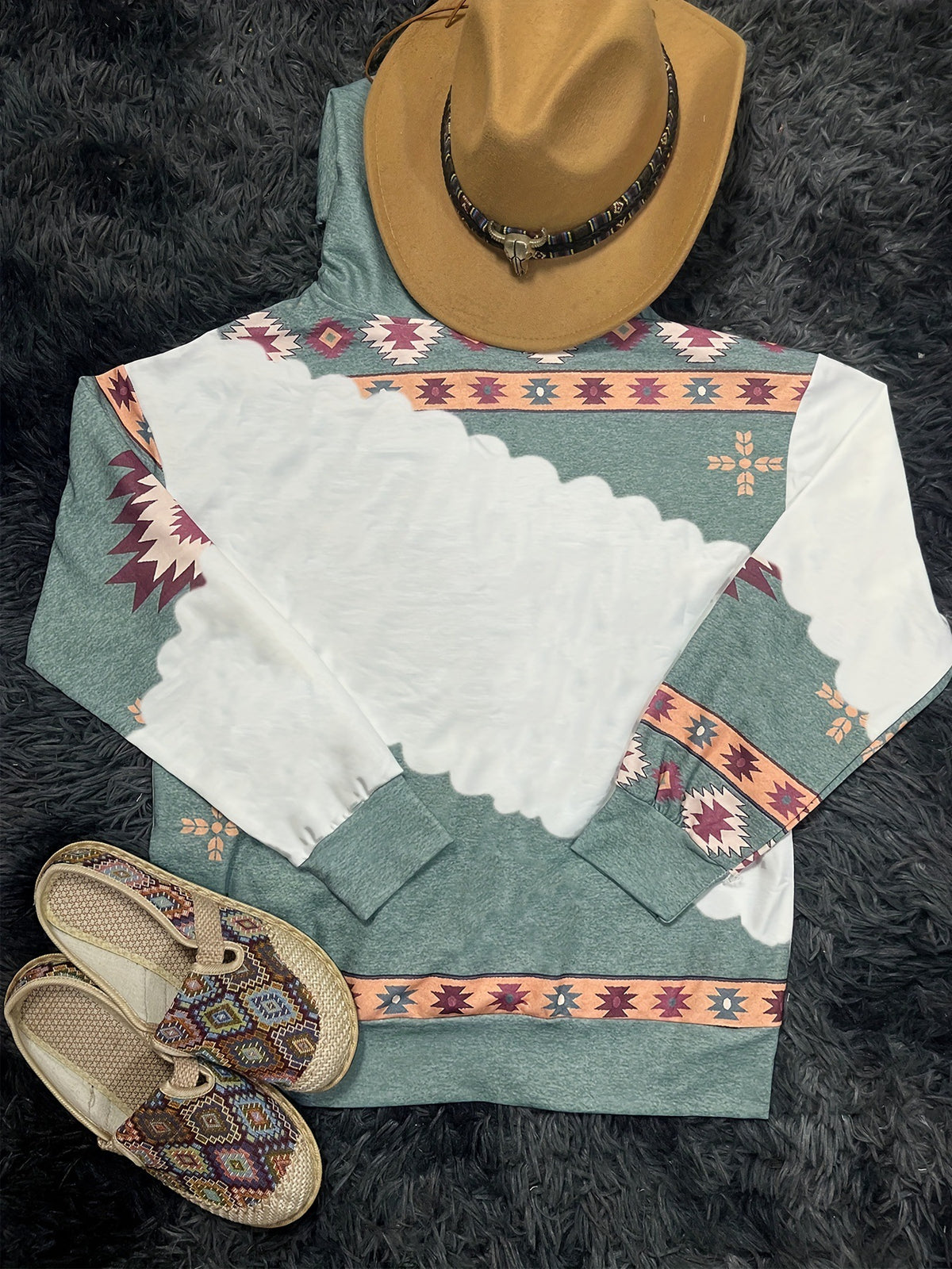 Southwestern Print Colorblock Pullover Hoodie - Cowboy - 1