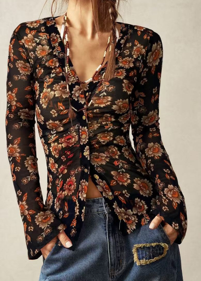 Sheer Mesh Floral Flare Sleeve Blouse - Black