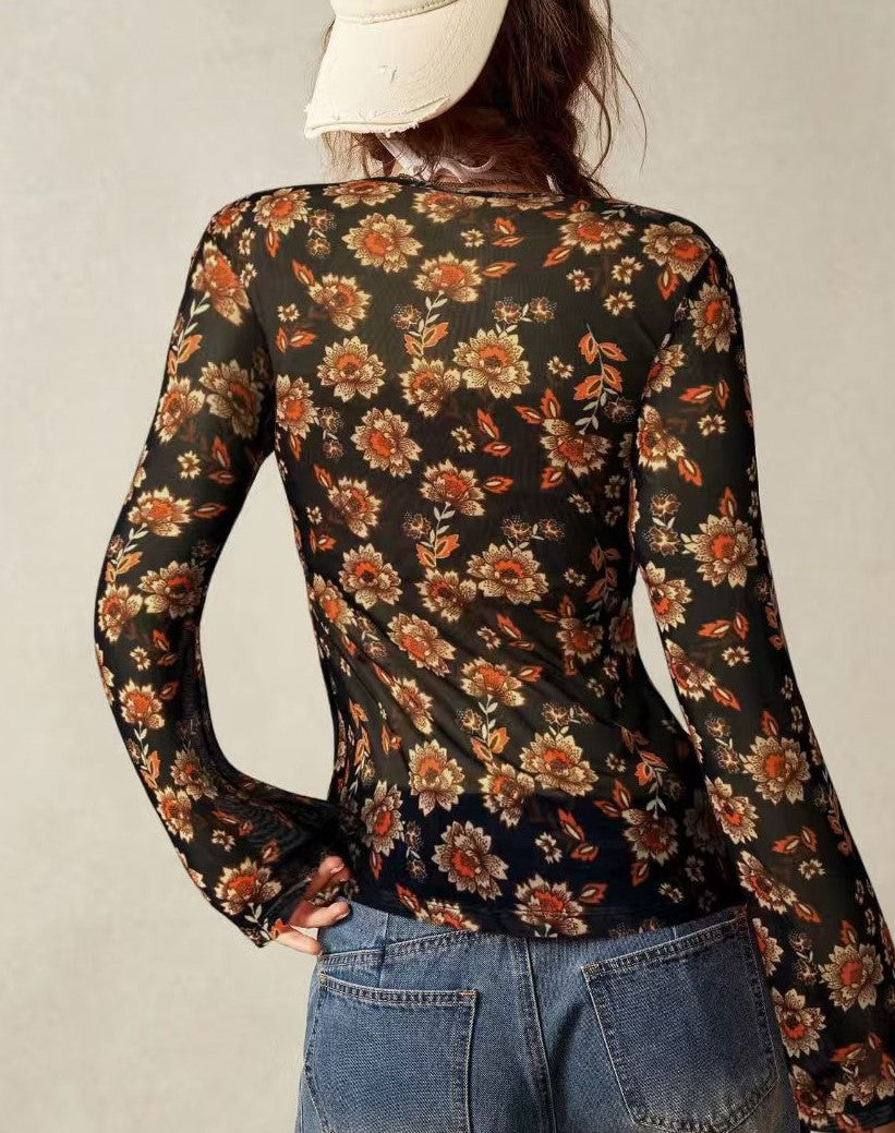 Sheer Mesh Floral Flare Sleeve Blouse - Black - 1