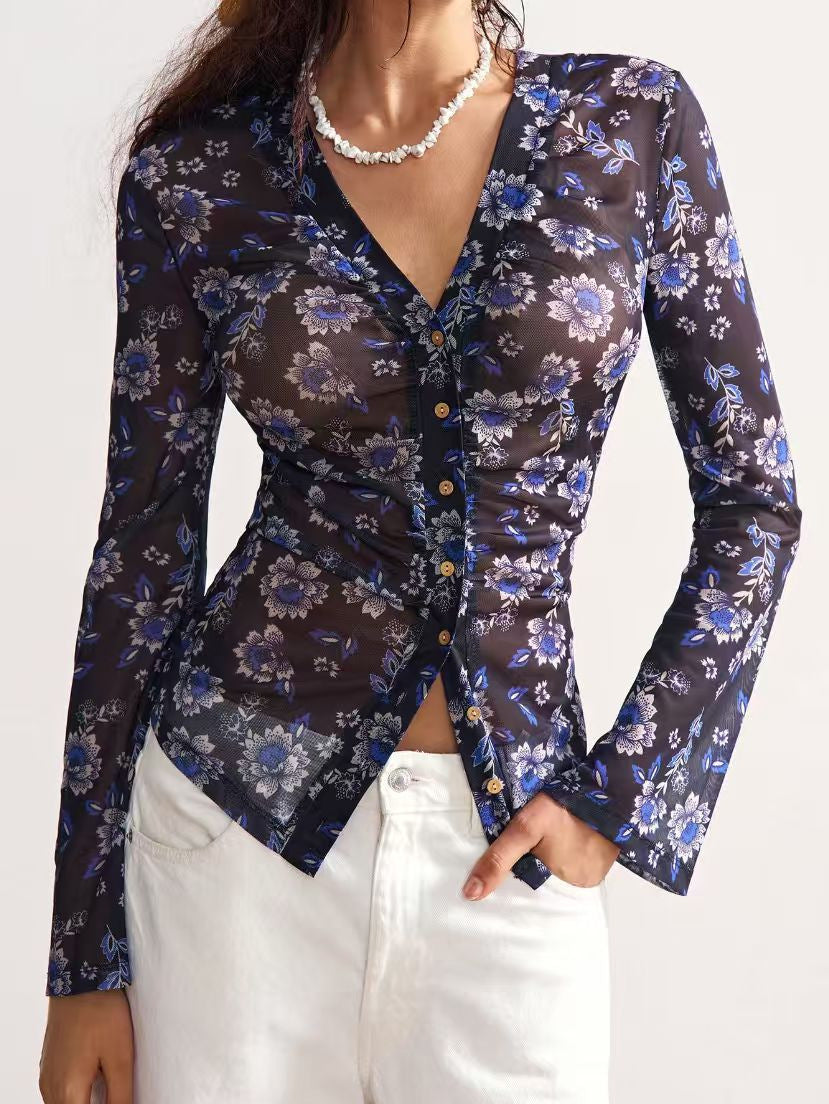 Sheer Mesh Floral Flare Sleeve Blouse - Blue