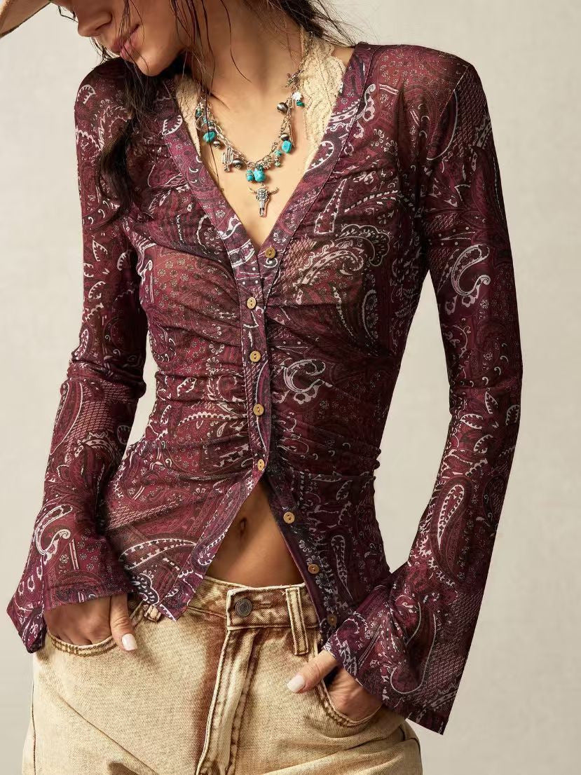 Sheer Mesh Floral Flare Sleeve Blouse - DarkRed