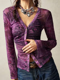 Sheer Mesh Floral Flare Sleeve Blouse - Purple