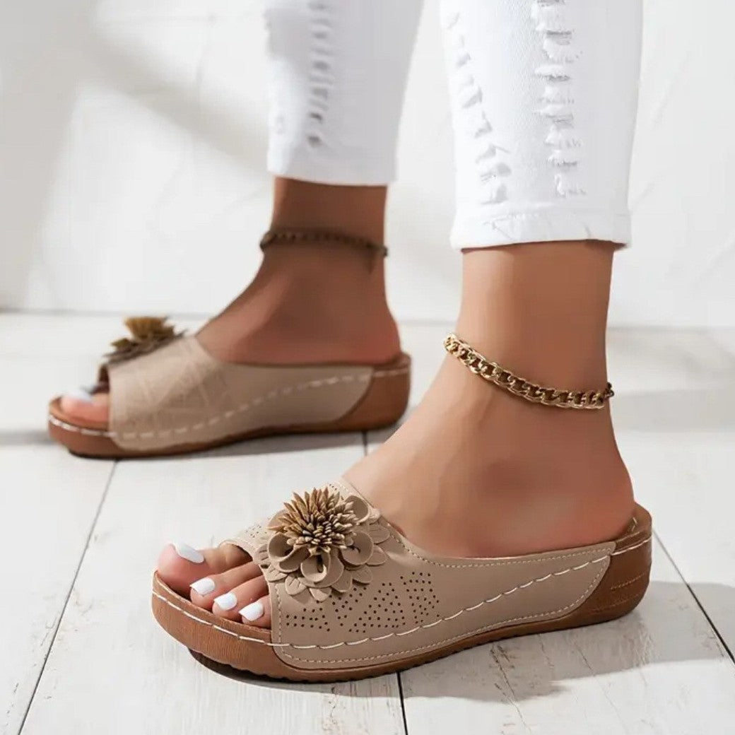 Floral Applique Open Toe Wedge Sandals - Beige