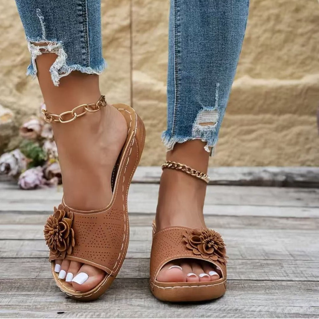 Floral Applique Open Toe Wedge Sandals - Brown