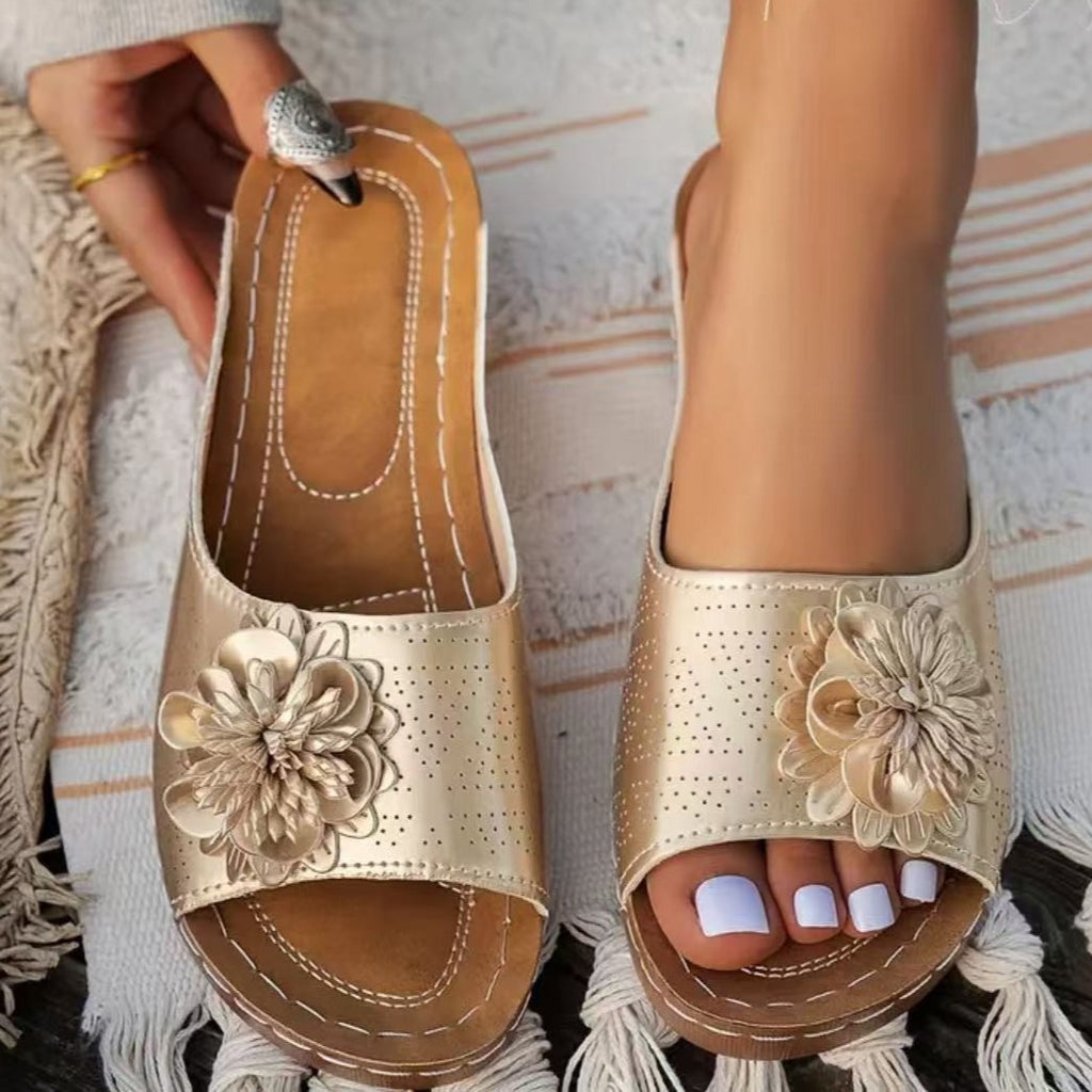Floral Applique Open Toe Wedge Sandals - Gold