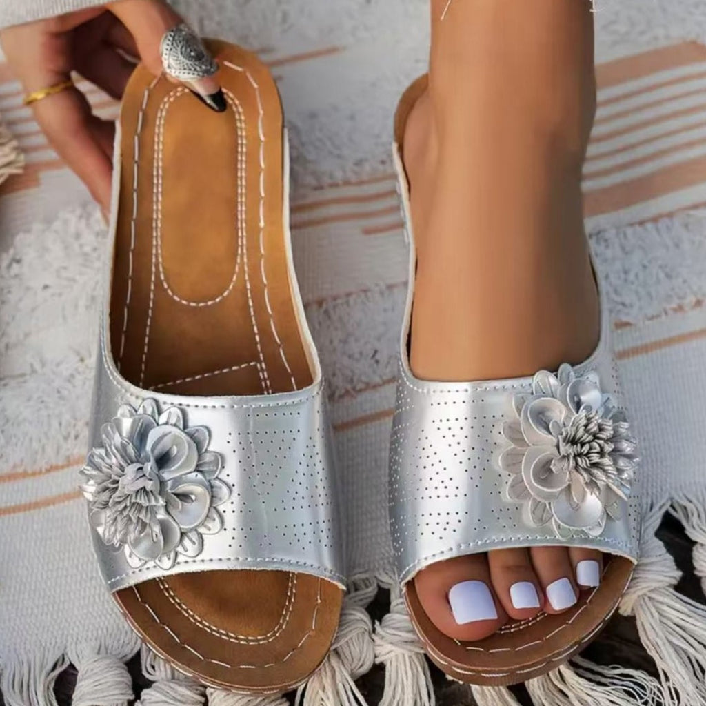 Floral Applique Open Toe Wedge Sandals - Silver