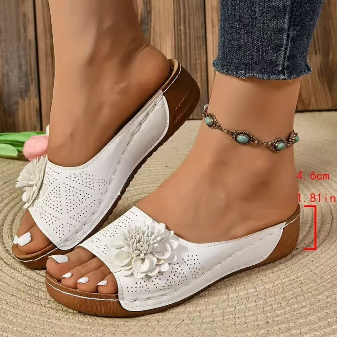 Floral Applique Open Toe Wedge Sandals - White