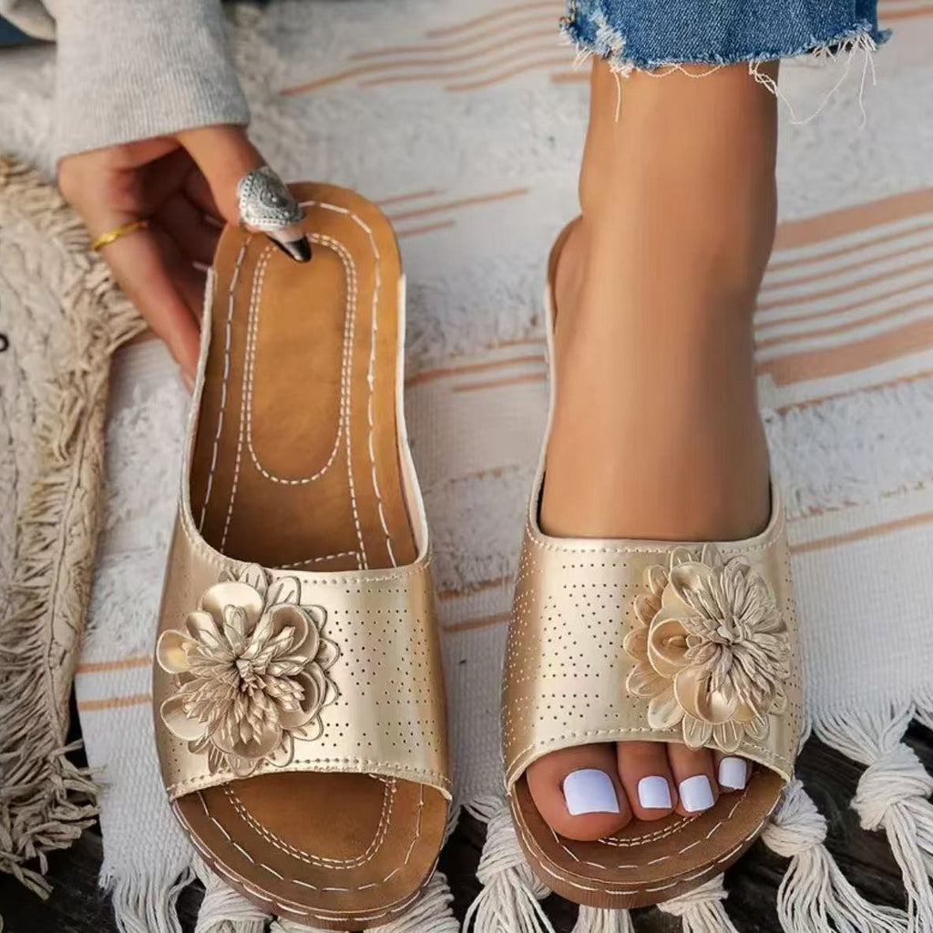 Floral Applique Open Toe Wedge Sandals