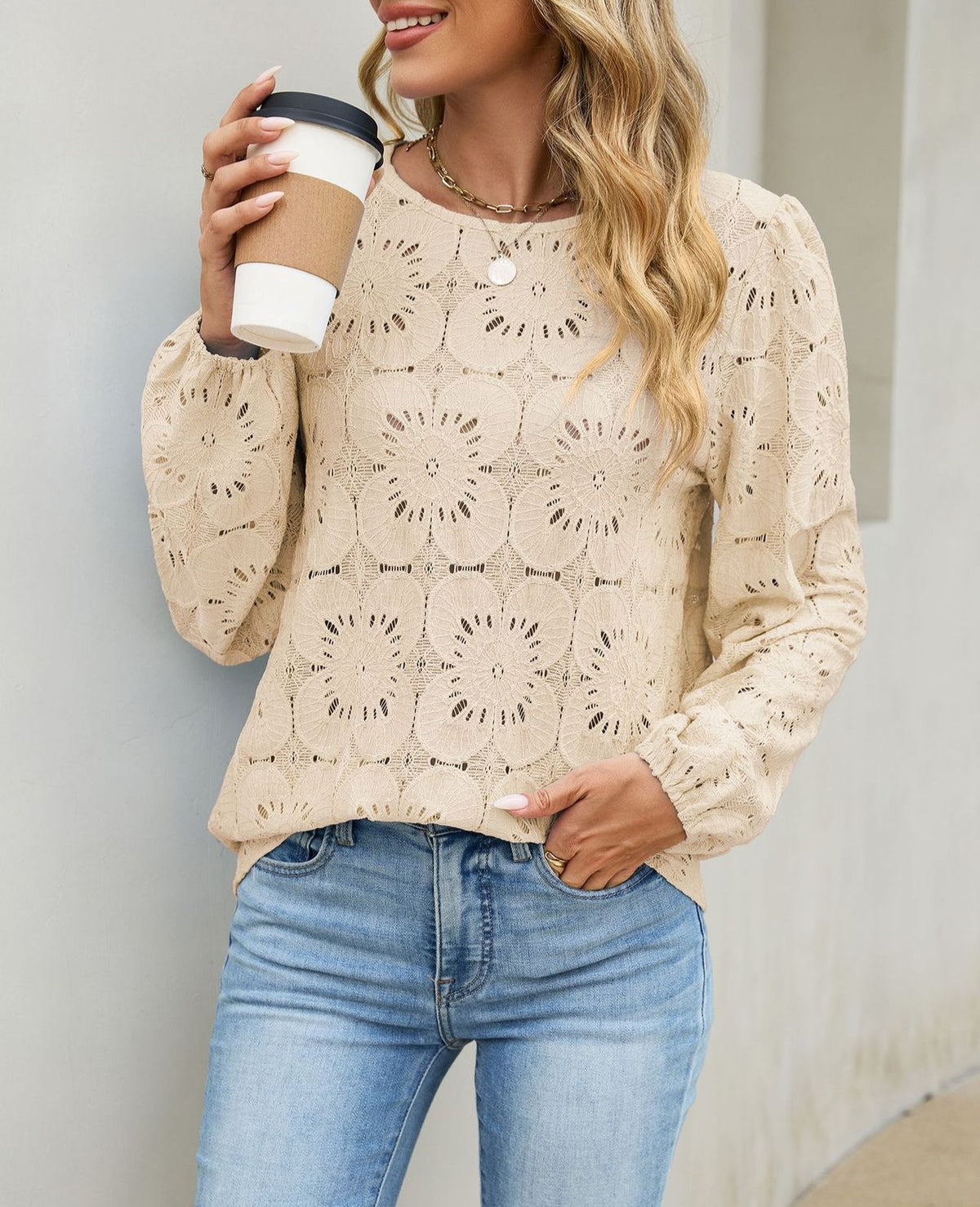 Eyelet Lace Puff Sleeve Round Neck Blouse - Apricot
