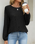 Eyelet Lace Puff Sleeve Round Neck Blouse - Black