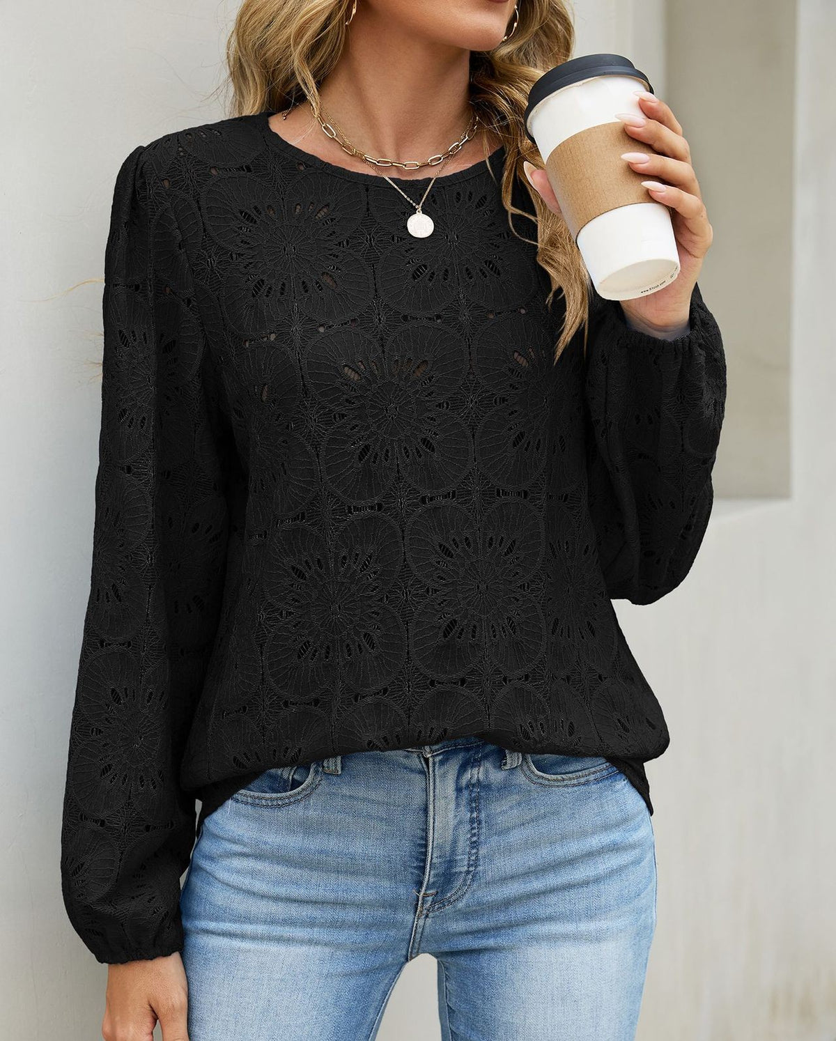 Eyelet Lace Puff Sleeve Round Neck Blouse - Black