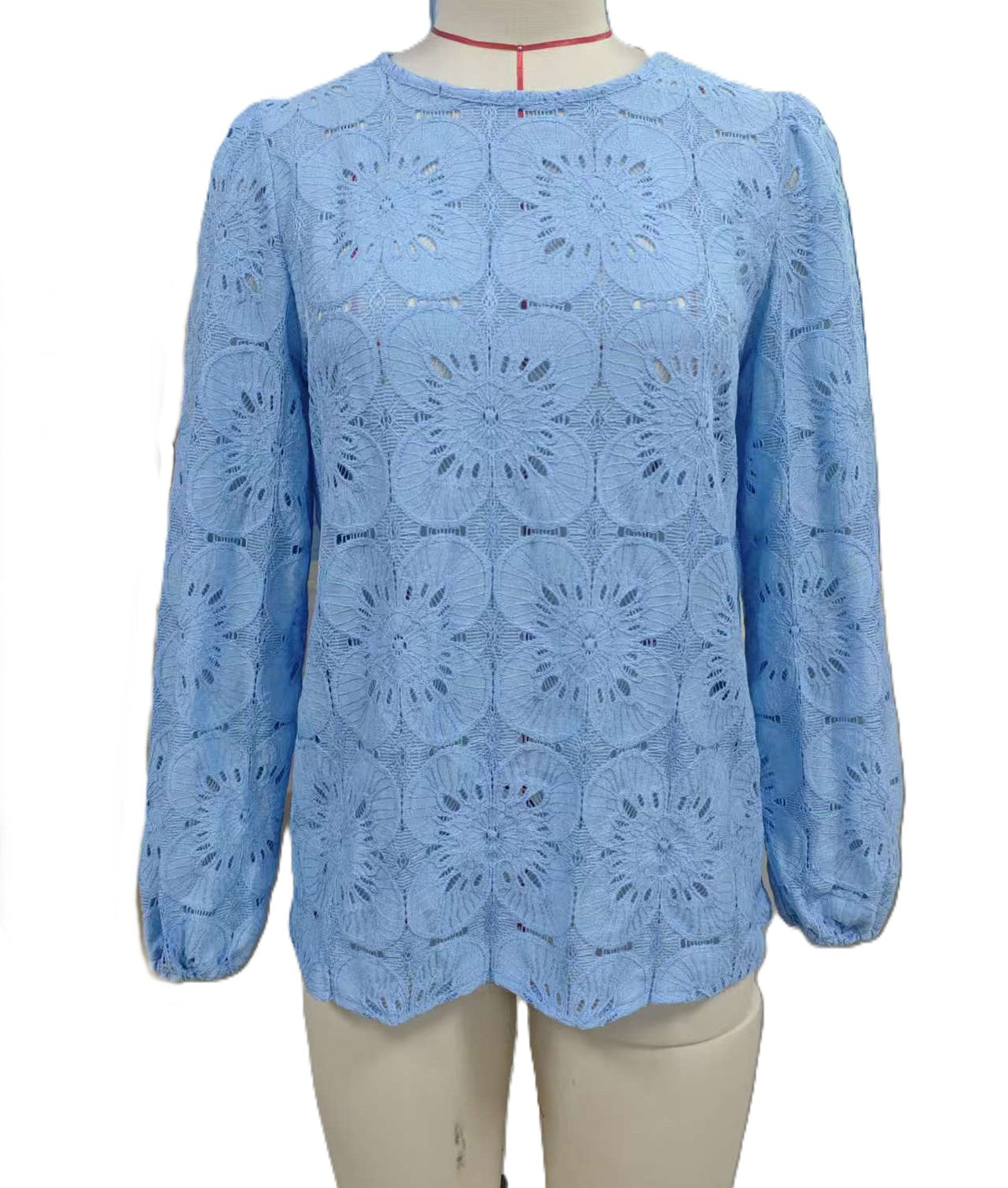Eyelet Lace Puff Sleeve Round Neck Blouse - Blue
