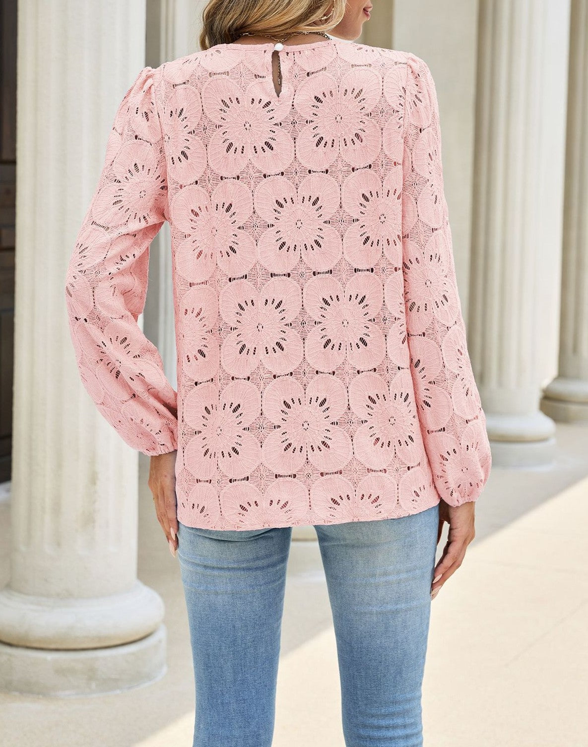 Eyelet Lace Puff Sleeve Round Neck Blouse - Pink - 1