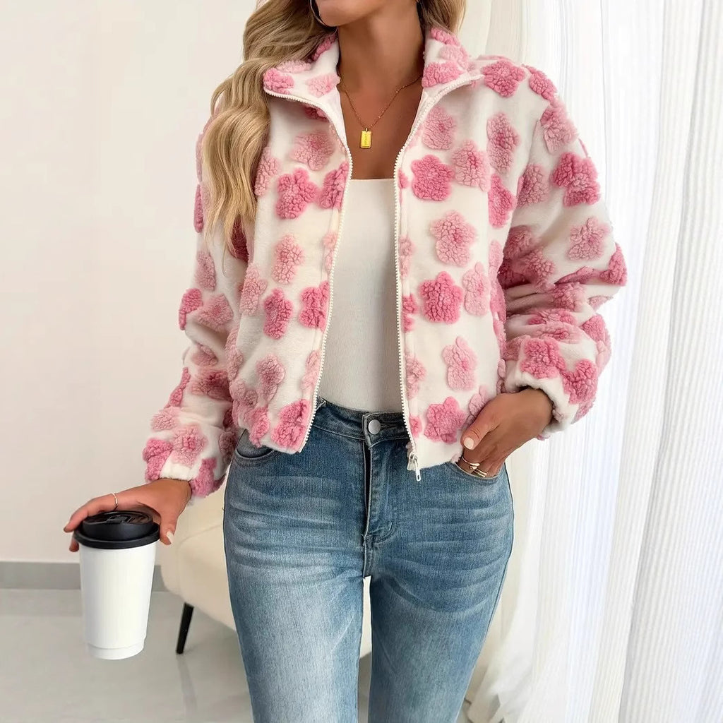 Floral Textured Fleece Zip Up Jacket - Pink