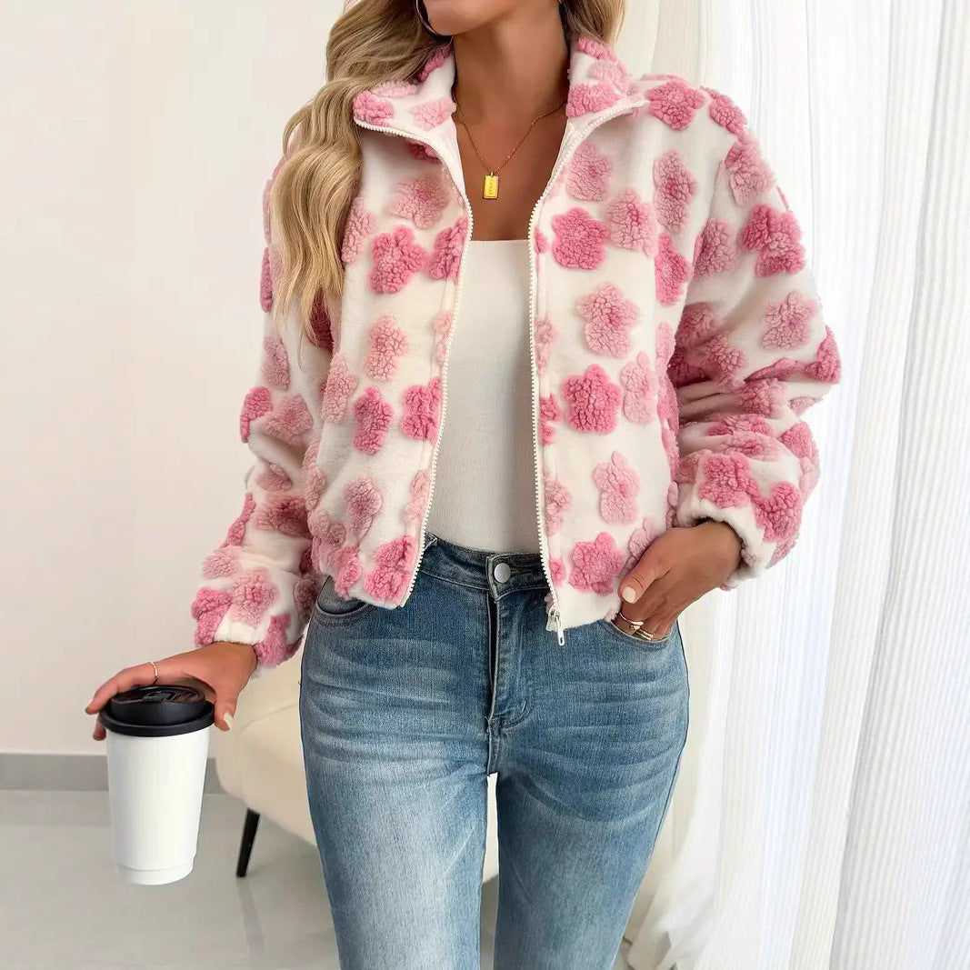 Floral Textured Fleece Zip Up Jacket - Pink