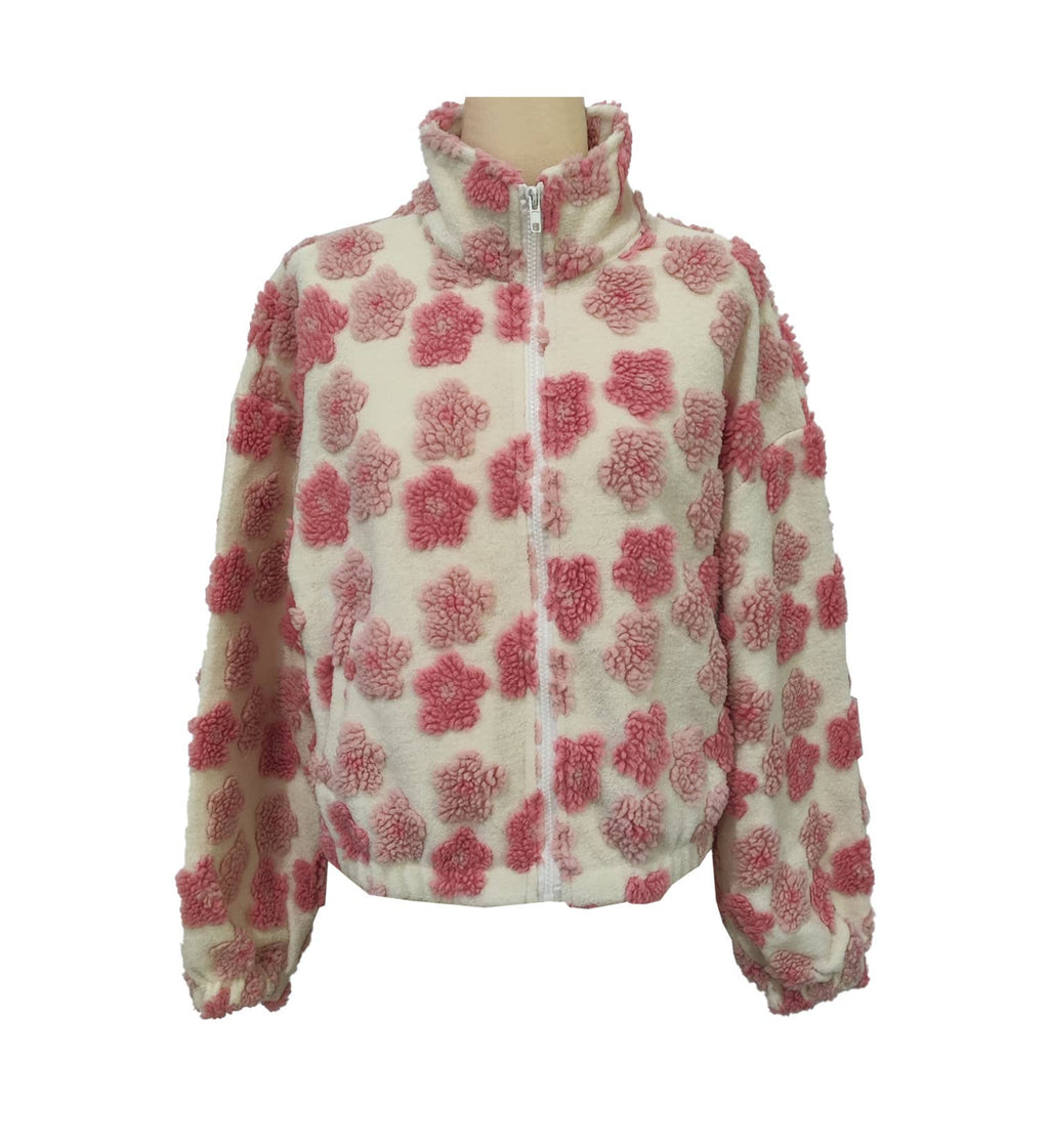 Floral Textured Fleece Zip Up Jacket